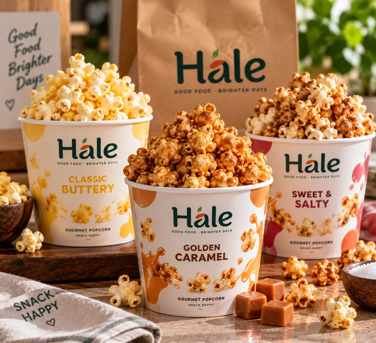Hale Pop Gourmet Popcorn in tubs